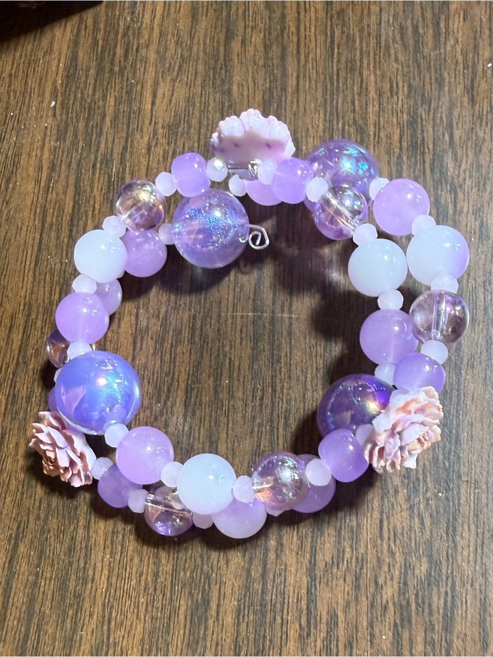 Lavender Iridescent Beaded Stretch Bracelet with Floral Accents